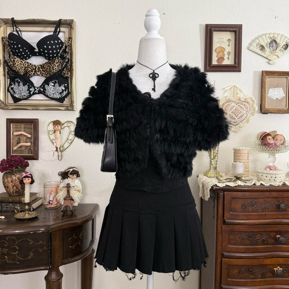 Jackets & Blazers - y2k coquette romantic goth girly grunge black rabbit fur cropped bolero cardigan